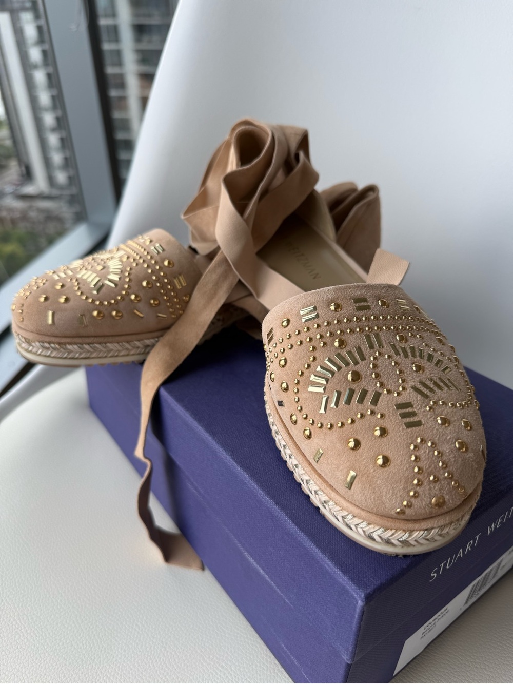 Stuart Weitzman Taupe Suede Studded Espadrille Flats with Ankle Ties